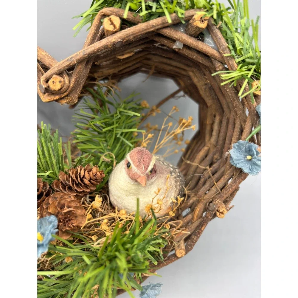 Vtg Rustic Woven Twig Heart Basket Bird Nest‎ Pinecones Flowers Farmhouse Decor